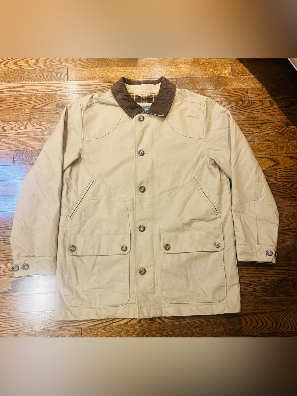 Eddie Bauer Tan Canvas Trench Coat with Brown Corduroy Collar